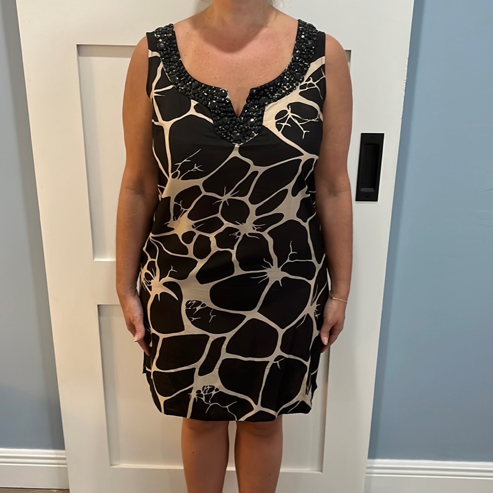 ZARA black beige safari printed midi dress with embroidery